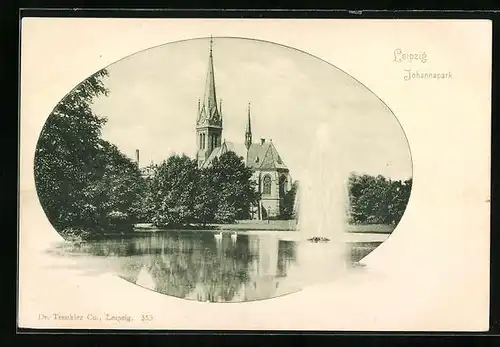 AK Leipzig, Fontäne im Johannapark, Blick auf die Kirche