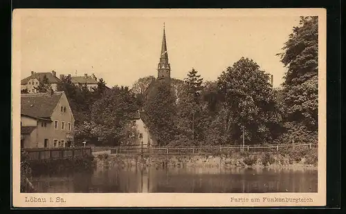 AK Löbau i. Sa., die Kirche vom Funkenburgteich aus gesehen