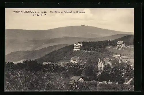 AK Wernigerode a. Harz, Sennhütte und Ratskopf mit dem Brocken