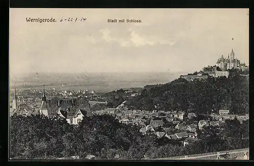 AK Wernigerode a. Harz, Stadttotale mit dem Schloss auf dem Berg