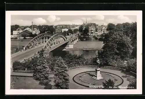 AK Minden i. W., Denkmal und Anlagen an der Weserbrücke