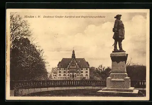 AK Minden i. Westf., Denkmal Grosser Kurfürst und Blick auf das Regierungsgebäude