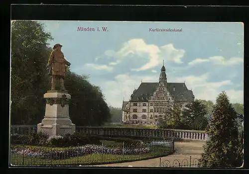 AK Minden i. Westf., das Regierungsgebäude vom Kurfürstendenkmal aus gesehen