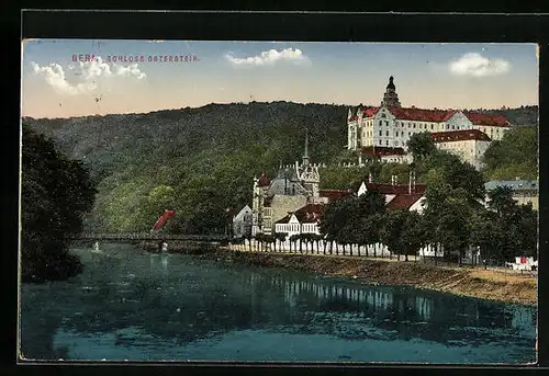 AK Gera, Blick vom Ufer auf das Schloss Osterstein