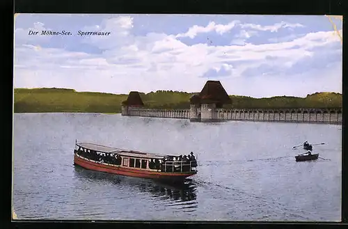 AK Soest, Ausflugsschiff auf dem Möhnsee vor der Sperrmauer