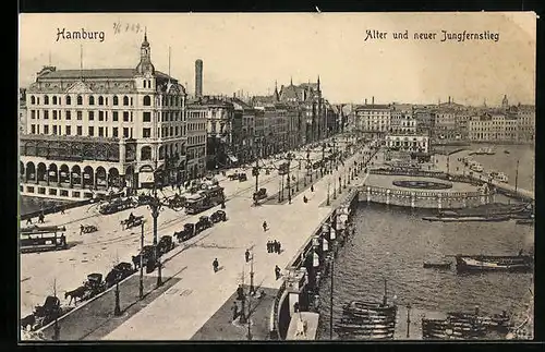 AK Hamburg-Neustadt, Passanten und Strassenbahnen am Alten und Neuen Jungfernstieg