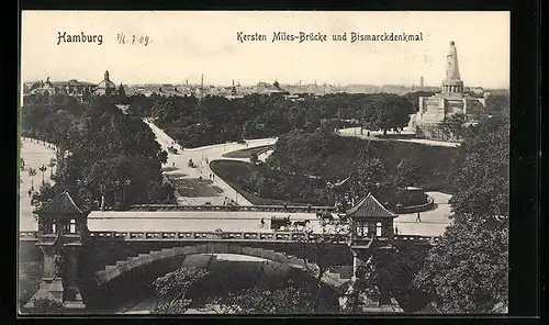 AK Hamburg-St.Pauli, Kersten Miles-Brücke mit Blick zum Bismarckdenkmal