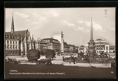 AK Leipzig, Augustusplatz mit Mendebrunnen, Hochhaus und das neue Theater