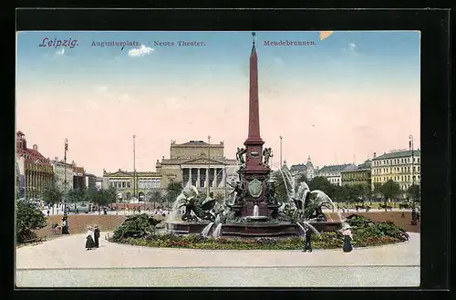 AK Leipzig, Augustusplatz, das neue Theater und der Mendebrunnen