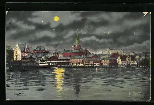 AK Flensburg, Blick in den Hafen bei Mondschein