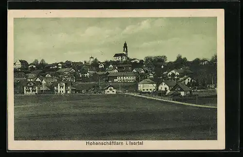 AK Hohenschäftlarn i. Isartal, Ortstotale mit der Kirche auf dem Berg