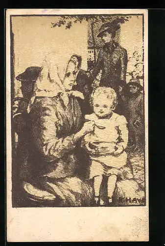 AK Frau mit Kopftuch füttert kleines Mädchen, Kinderfürsorge