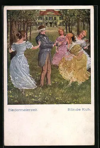 AK Biedermeierzeit, Herr spielt mit jungen Damen Blinde Kuh