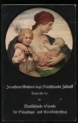 AK Frau mit Baby auf dem Arm und Jungen, Kinderfürsorge