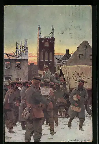 Künstler-AK sign. C. Röchling: Soldaten bekommen Feldpost im Winter