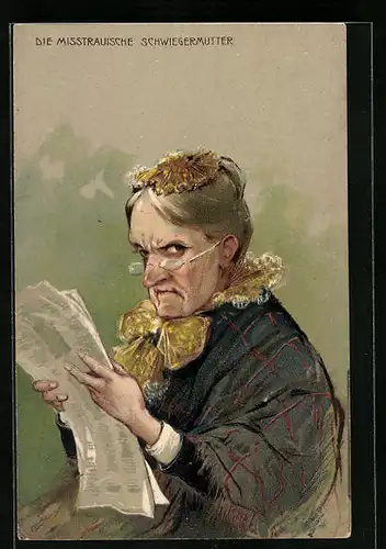 Präge-AK Die misstrauische Schwiegermutter liest Zeitung