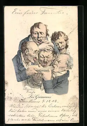 AK Les Grimmaces, Männer essen aus einem Teller