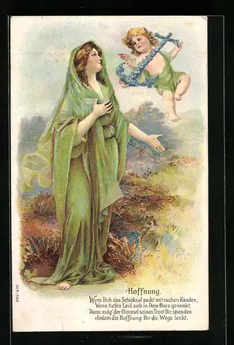 Präge-AK Hoffnung, Engel mit Anker aus Blumen vor Frau, Allegorie