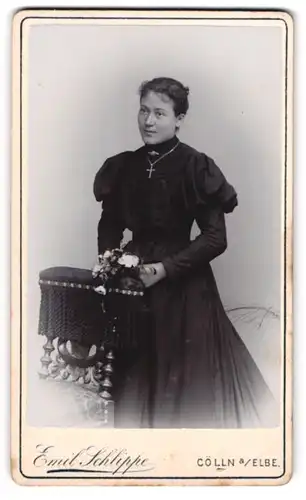 Fotografie Emil Schlippe, Cölln / Elbe, bildschöne junge Frau im prachtvollen Kleid