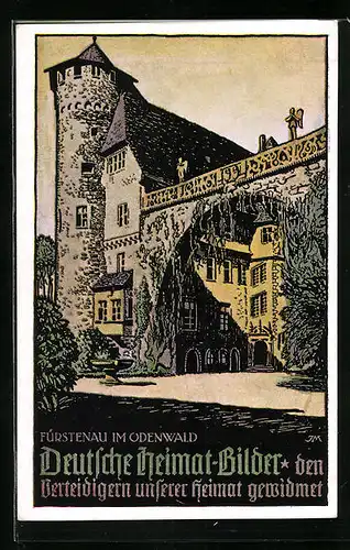 Künstler-AK Fürstenau im Odenwald, Ortspartie mit Burg
