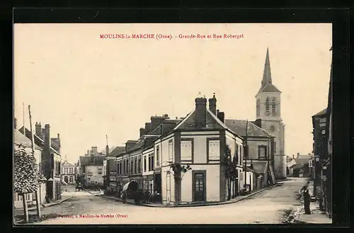 AK Moulins-la-Marche, Grande-Rue et Rue Robergel, Strassenpartien