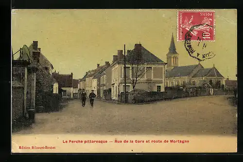 AK Mortagne, La Perche pittoresque, Rue de la Gare et route de Mortagne