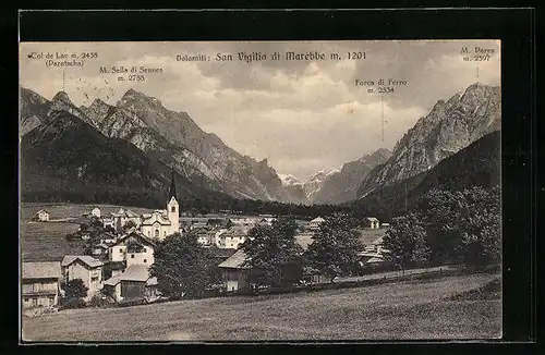 AK San Vigilio di Marebbe, Panorama mit Paratscha und Forca di Ferra