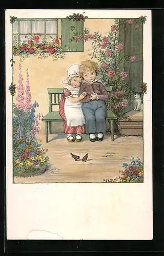 Künstler-AK Pauli Ebner: Kinderpaar sitzt vor dem Haus