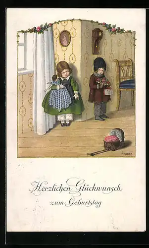 Künstler-AK Pauli Ebner: Junge mit Blumenstrauss für Mädchen, Geburtstagsgruss