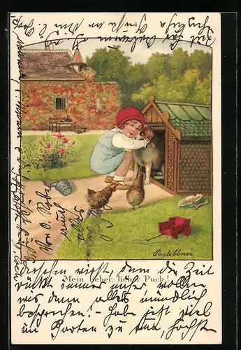 Künstler-AK Pauli Ebner: Mein lieber Puck!, Kind umarmt den Hund