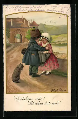 Künstler-AK Pauli Ebner: Liebchen ade!, Junge mit weinendem Mädchen
