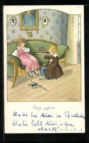 Künstler-AK Pauli Ebner: Jung fefreit, Junge mit Blumenstrauss für Mädchen