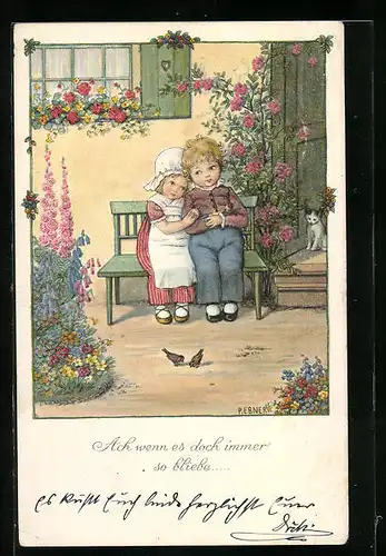 Künstler-AK Pauli Ebner: Kinderpaar sitzt vor dem Haus