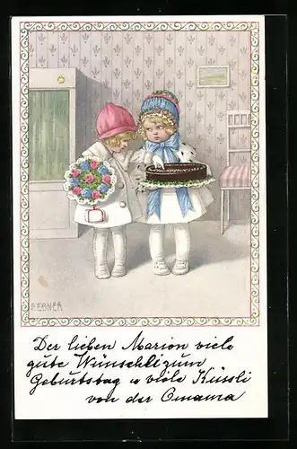 Künstler-AK Pauli Ebner: Zwei Kinder mit Kuchen und Blumenstrauss