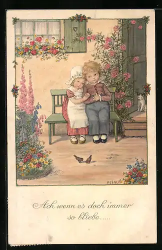Künstler-AK Pauli Ebner: Kinderpaar sitzt vor dem Haus