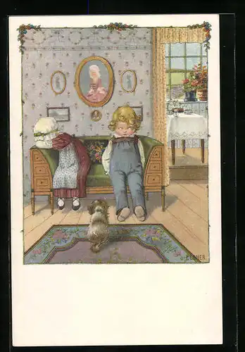 Künstler-AK Pauli Ebner: Kinderpaar mit Hund in der Stube
