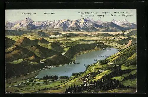 AK Steindorf, Ortsansicht mit Ossiach, Achatz und Landskron, Bergpanroama mit Mittagskogel, Triglav und Techant