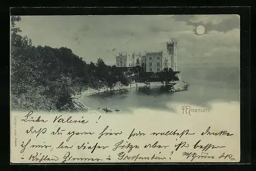 Mondschein-AK Triest, Schloss Miramare