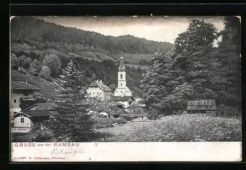 AK Ramsau, Blick zur Kirche an der Brücke