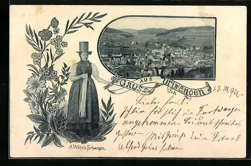 AK Furtwangen, Teilansicht mit Kirche, Frau in Tracht