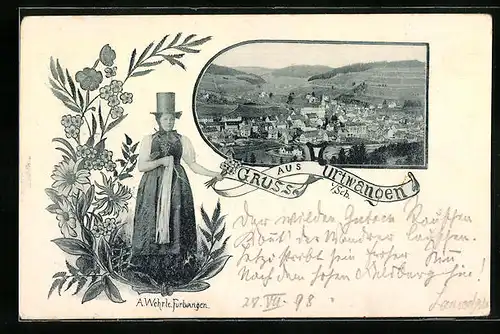 AK Furtwangen, Teilansicht mit Kirche, Frau in Tracht