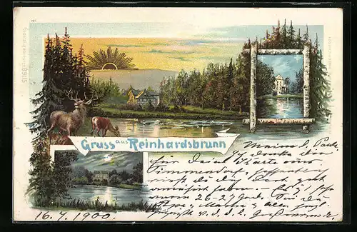 Lithographie Reinhardsbrunn, Uferpartie bei Sonnenschein, Ortspartien bei Mondschein