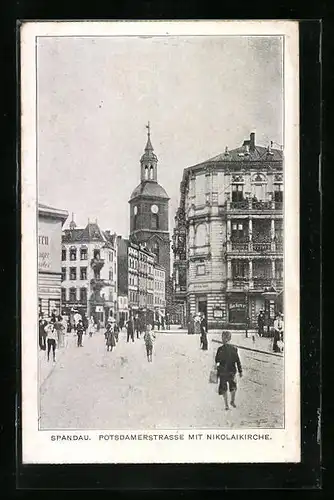 AK Berlin-Spandau, Potsdamerstrasse mit Bäckerei und Nikolaikirche