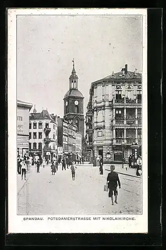 AK Berlin-Spandau, Potsdamerstrasse mit Bäckerei und Nikolaikirche