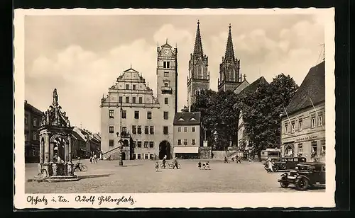 AK Oschatz i. Sa., platz mit Gasthaus zum Schwan und Kirche