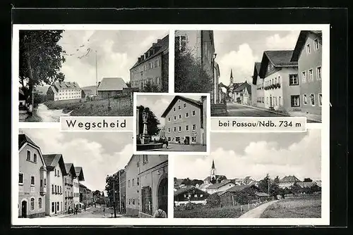 AK Wegscheid bei Passau /Ndb., Strassenpartie mit Bank, Gasthaus mit Denkmal, Ortspartie