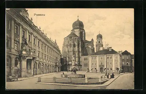 AK Passau, Ortspartie mit Kirche und Brunnen