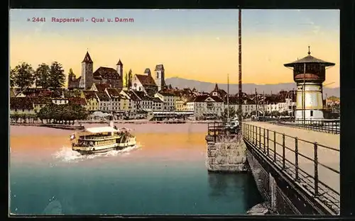 AK Rapperswil, Quai und Damm mit Dampfer