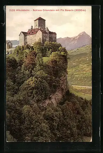 AK Domleschg, Schloss Ortenstein mit Piz Beverin an der Albulabahn