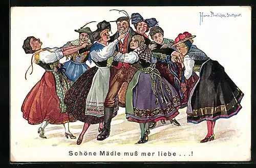 Künstler-AK Hans Boettcher: Mann umringt von Frauen in Tracht